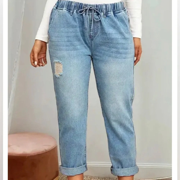 Drawstring High Waist Distress Jeans Fade Pants Pull On 2XL (14/16) Trendy NWT - Picture 1 of 14